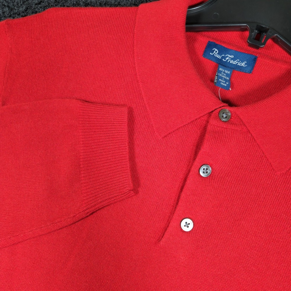 Paul Fredrick Red Silk Cashmere Polo Sweater Long Sleeve Knit Luxury Sz-Large